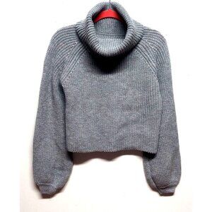 NWOT Womens Cropped cowlneck Sweater Lantern Sleeve Sz L Knit Pullover Gray NEW